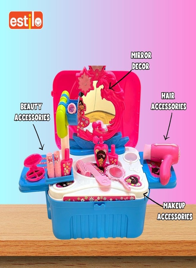 إستلو مجموعة مكياج إستيلو بيوتي للدمى، طقم مستحضرات تجميل 3 في 1، طاولة زينة محمولة، مجموعة لعب تمثيلية مع ملحقات مكياج للأطفال، بلاستيك (وردي)، 21 قطعة - Image 3